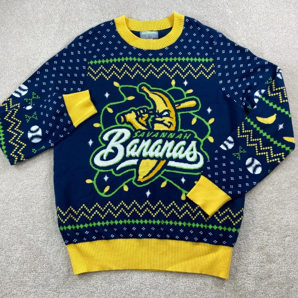 Go Bananas Savannah Bananas Sweater Mens XL Blue Ugly Christmas Holiday Baseball